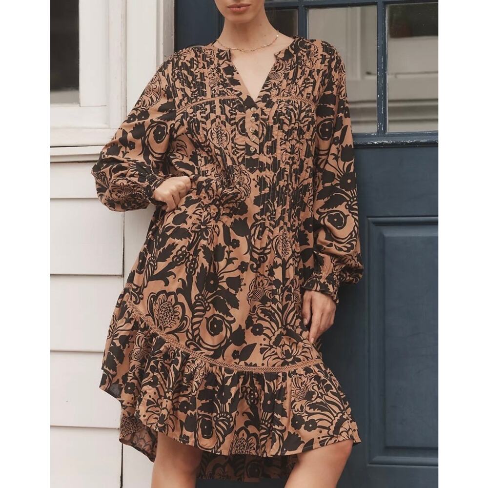 Anthropologie Pintuck Flouncy Pajama Dress in Brown Motif Floral Size Medium